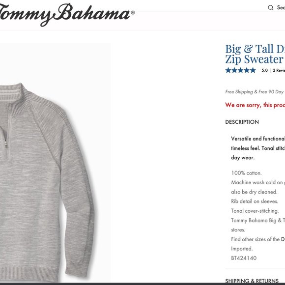 Tommy Bahama Big & Tall Di Sabbia Flip Half-Zip Sweater (Brand New, With Tags) - Picture 6 of 6